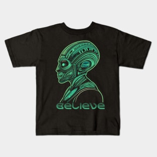 Believe Modern Sci-Fi Green Alien - Futuristic Extraterrestrial Art Kids T-Shirt